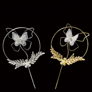 Exquisite butterfly iron cake topper with mesh wings and pearls for birthday decoration