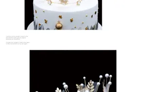Detailed macro view of golden leaf crown and pearl cake topper set for wedding decoration