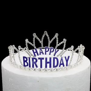Silver birthday crown cake topper with sparkling rhinestones and purple Happy Birthday text