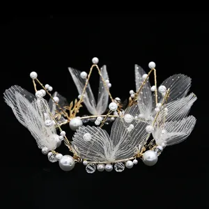 Handmade Gold Alloy Mesh Flower Crown For Wedding Birthday Cake Topper Romantic Pearl Crystal Tiara Women Hair Accessories Party Decoration