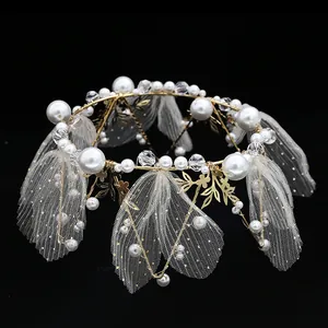 Vintage golden flower crown with white mesh leaves and pearls for birthday cake decoration
