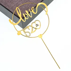 Golden metal cake topper with 520 Love design and sparkling rhinestones for cake decoration