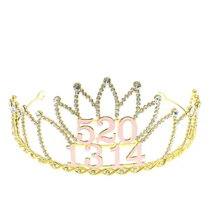 Golden cake topper crown with sparkling rhinestones and pink 520 1314 digits on white background