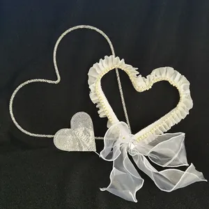 Eleganter Herz Tortenaufsatz Set mit Strass, Perlen und weißer Organza Schleife Deko