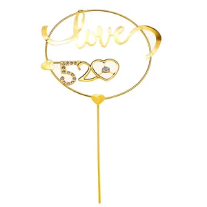 Golden iron Love 520 heart cake topper with sparkling rhinestones for romantic celebration