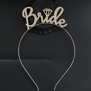 Golden Bride headband with white rhinestones on minimalist black background