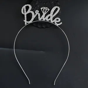 Silver Bride headband with rhinestone letters for wedding party and bachelorette hair decor