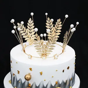Golden leaf tiara crown with white pearls for wedding hair accessories and cake decoration