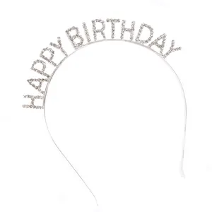 Serre-tête diadème argenté brillant Happy Birthday avec strass pour fêtes d'anniversaire