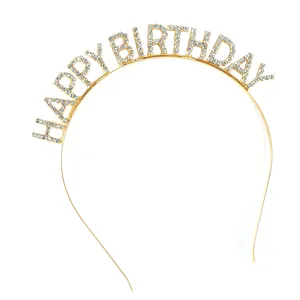Serre-tête doré Happy Birthday avec strass pour décoration de gâteau de fête