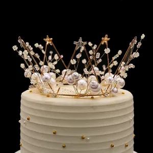 Vintage Gold Metal Crown Cake Topper With Faux Pearls Star Design Lace Trim For Birthday Wedding Party Hair Accessories Women Kids