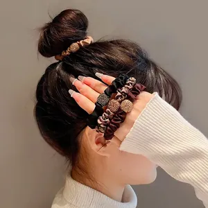 Korean Style Satin Scrunchies Leopard Print Rhinestone Faux Artificial Pearl Hair Ties High Elasticity Vintage Women Hair Accessories