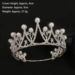 Silver bridal tiara with rhinestones and pearls, 4cm high and 9cm diameter for weddings