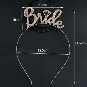 Detailed view of rose gold Bride headband showing dimensions 12.5cm by 14.5cm and rhinestones