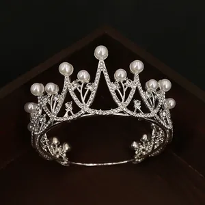 Silver Alloy Crown Tiara With Artificial Pearl And Rhinestone For Wedding Party Birthday Performance Women Kids Hair Accessories