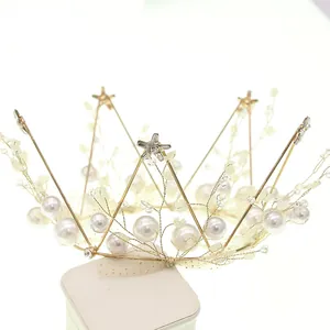 Golden wire birthday crown with white faux pearls and star rhinestones for cake decoration