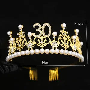 Corona dorata per il 30° compleanno con strass brillanti e perle bianche eleganti