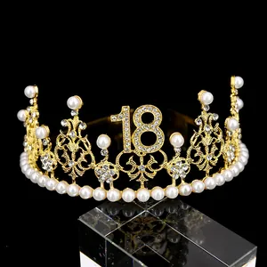Corona Compleanno Tiara Numero 18 30 Festa di Compleanno Strass Perla Cerchietto Lega Principessa Regina Accessori Capelli