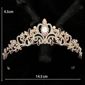 Golden bridal crown with sparkling rhinestones and teardrop centerpiece, size 14.5x4.5cm