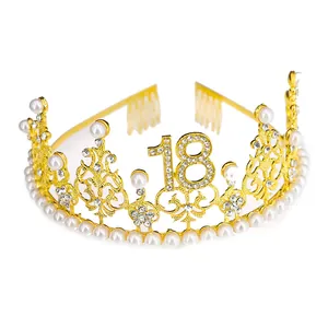 Tiara dorata per 18° compleanno con strass e perle dotata di pettini per capelli integrati