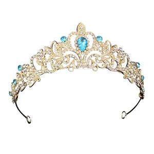 Golden bridal crown with blue pear-shaped crystals and rhinestones for wedding hair accessories