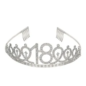 Elegant silver 18th birthday crown tiara with sparkling rhinestones and side combs