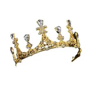 Baroque gold bridal crown with crystals and rhinestones for wedding and pageant use