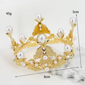 Golden baroque mini crown cake topper with white pearls for birthdays and weddings