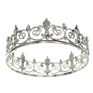 Detailed view of silver crown tiara with fleur-de-lis patterns and shimmering rhinestones