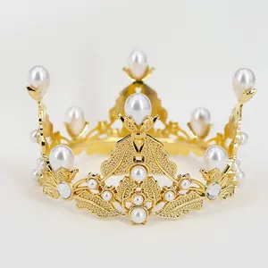 Baroque Alloy Faux Artificial Pearl Rhinestone Crown Tiara For Wedding Birthday Cake Topper Elegant Hollow Leaf Flower Hair Accessories