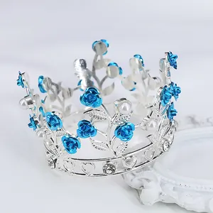 Corona d'argento per bambine con rose blu, eleganti perle bianche e cristalli brillanti