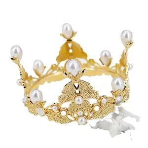 Golden baroque crown with white pearls for bridal hair decor or cake topper use