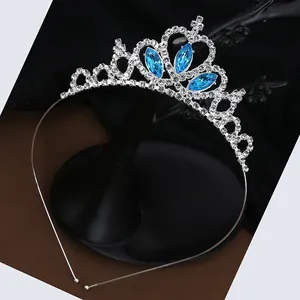 Serre-tête diadème argenté avec strass brillants et cristaux bleus pour filles