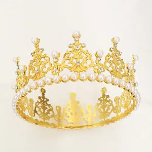 Vintage Baroque Gold Alloy Pearl Rhinestone Crown Tiara For Wedding Birthday Party Cake Topper Women Hair Accessories