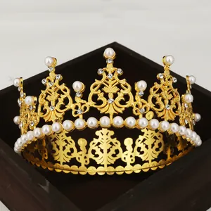 Elegant gold baroque cake topper crown with white pearls and rhinestones for bridal party