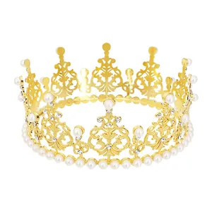Elegant gold metal bridal crown with white pearls and rhinestones for party hair decor