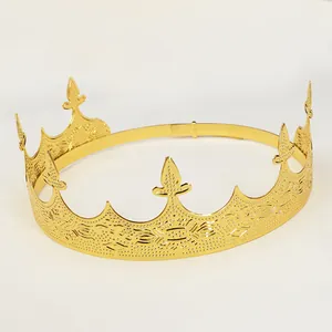 Golden bridal crown with fleur-de-lis relief patterns for pageant and birthday parties