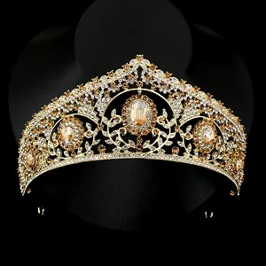 Baroque gold bridal crown with champagne crystals and floral vintage patterns