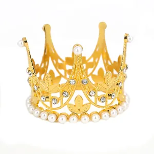 Golden crown hair accessory for girls with sparkling rhinestones and white pearls decoration