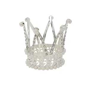 Elegant mini silver tiara cake topper with sparkling rhinestones and white pearls decoration