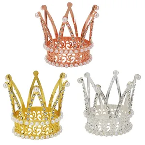 Elegant Mini Alloy Crown Cake Topper With Imitation Artificial Pearls Rhinestones Hollow Design For Birthday Wedding Party Decoration Princess Tiara