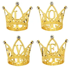 Golden mini crown cake toppers with LOVE letters and rhinestones for party decor