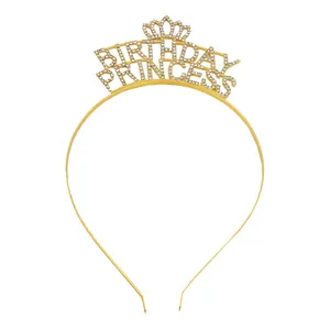 Cerchietto Birthday Princess dorato con strass e corona per decorazioni da festa