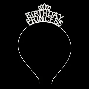 Cerchietto Birthday Princess in strass argento con corona per feste di compleanno