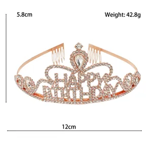 Rose gold Happy Birthday crown headband with clear rhinestones and hair combs