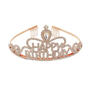 Rhinestone Happy Birthday Tiara Alloy Crystal Crown With Hair Combs For Birthday Party Celebration Women Girls Jewelry