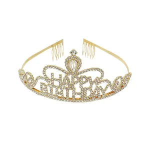 Golden Happy Birthday crown headband with clear rhinestones and integrated hair combs