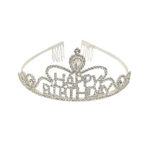 Elegant silver HAPPY BIRTHDAY crown headband with sparkly white rhinestones for party