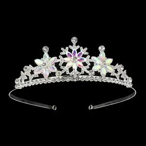 Elegant silver snowflake crystal tiara with iridescent rhinestones for party and birthday