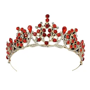 Golden Baroque bridal crown with red rhinestones and vintage filigree vine patterns